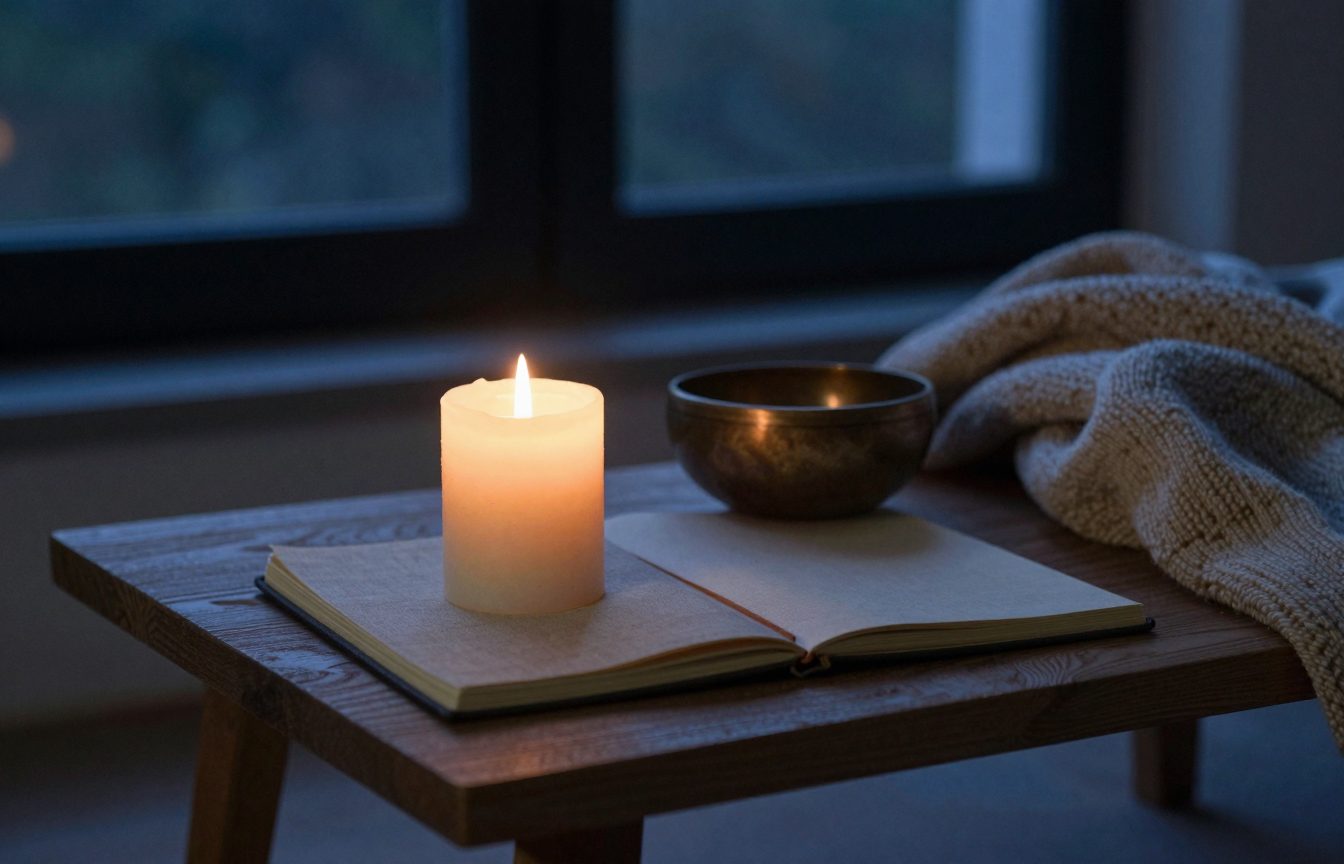 A lit beeswax candle on a low wooden table beside a closed linen notebook