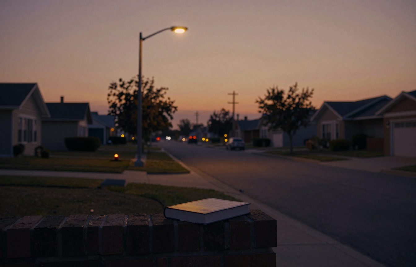 An empty suburban street at dusk under a smoky orange sky