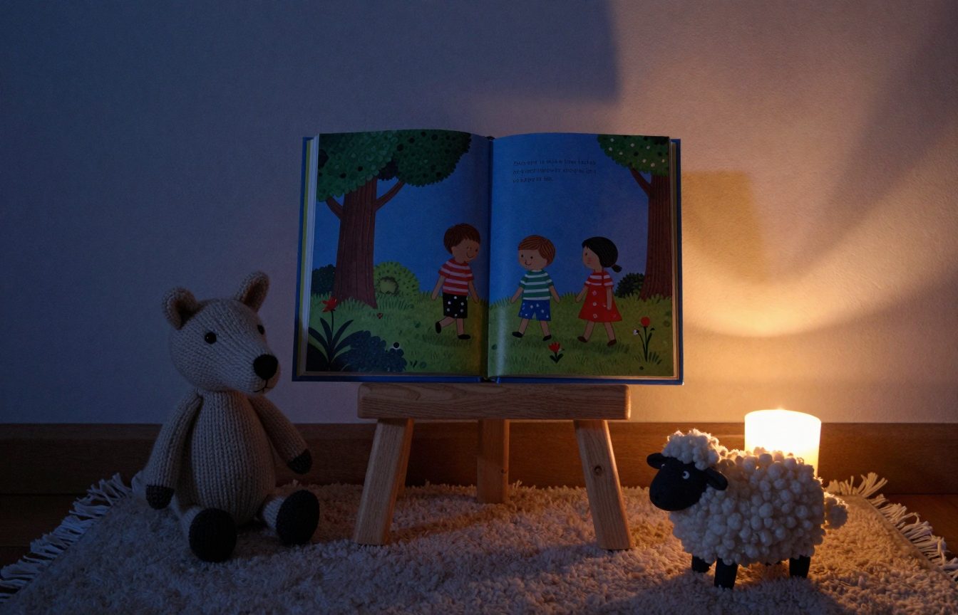 A colourful children's picture book standing open on a small timber stool beside a knitted toy wolf and a toy sheep on a rug