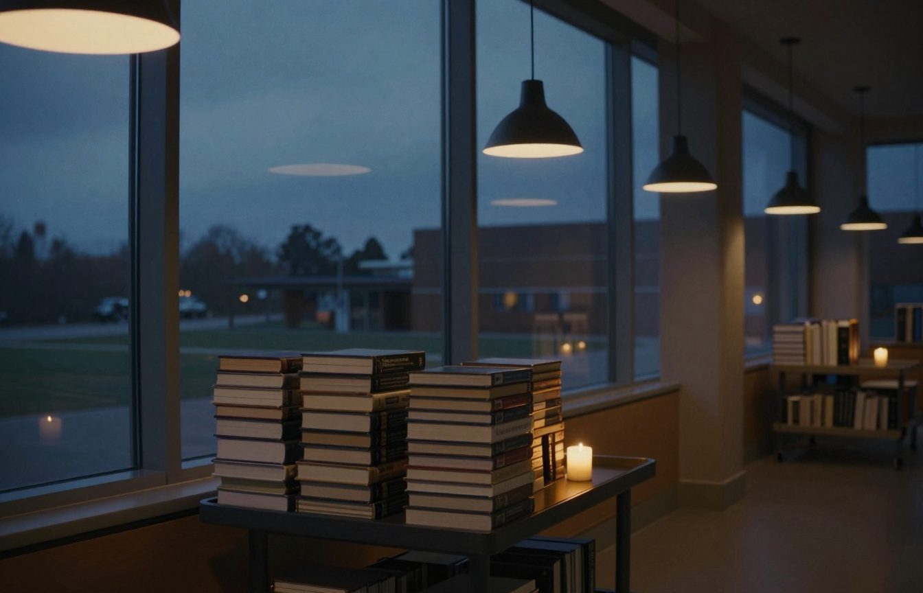 A public library returns trolley loaded with books beside tall windows at closing time