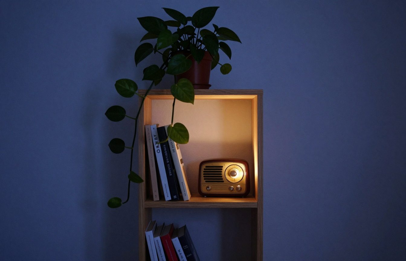A narrow wooden bookshelf with a few upright books