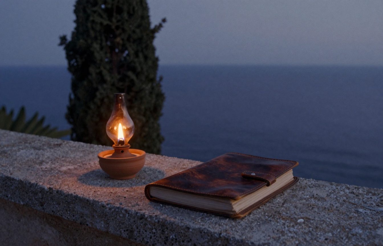A worn leather-bound pocket book closed on a stone ledge beside a small clay oil lamp