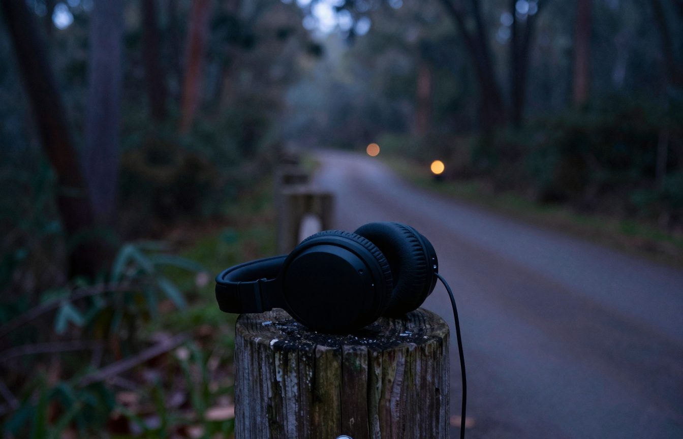 Close-up of black over-ear headphones resting on the flat top of a weathered wooden fence post in the foreground