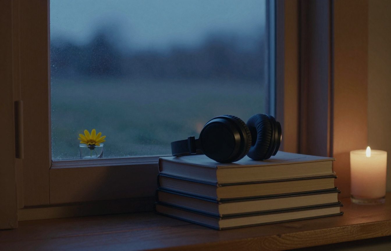 Over-ear headphones resting on a stack of three closed hardback books on a wooden windowsill